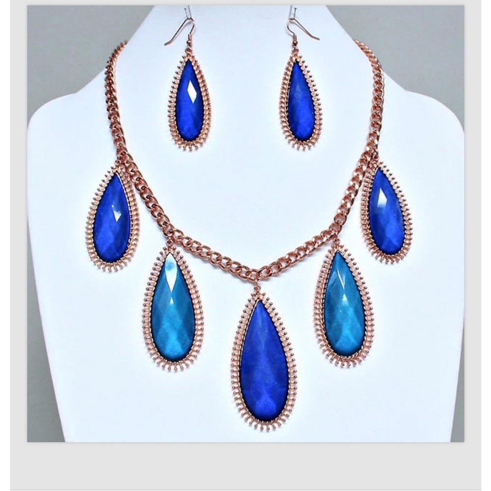 Blue Necklace Earrings Gold Curb Chain Dangled Teardrop Gems Jewelry Set Chunky